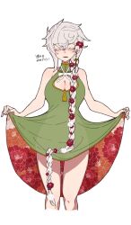 Rule 34 | 1girl, alternate costume, braid, breasts, china dress, chinese clothes, cleavage, cleavage cutout, closed eyes, clothing cutout, cropped legs, dress, flower, fujisaki (si da), green dress, grey hair, hair between eyes, hair flower, hair ornament, highres, kantai collection, large breasts, long hair, open mouth, red flower, simple background, single braid, skirt hold, sleeveless, sleeveless dress, solo, translation request, unryuu (kancolle), very long hair, white background, white flower