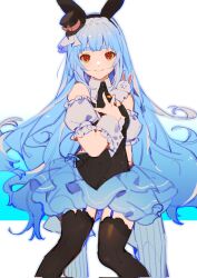 Rule 34 | 1girl, animal ears, arm at side, black thighhighs, blue hair, cowboy shot, detached sleeves, dress, fake animal ears, garter straps, hand on own chest, hat, high collar, highres, hololive, long hair, looking at viewer, mafuin da, mini hat, mini top hat, puffy short sleeves, puffy sleeves, rabbit ears, red eyes, short dress, short sleeves, sidelocks, sketch, smile, solo, standing, standing on one leg, stuffed animal, stuffed rabbit, stuffed toy, thick eyebrows, thighhighs, top hat, usada pekora, usada pekora (furi furi bunny dress), very long hair, virtual youtuber, wrist cuffs