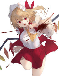Rule 34 | 1girl, :d, absurdres, ascot, blonde hair, blood, breasts, bright pupils, commentary request, crystal, flandre scarlet, foot out of frame, foreshortening, hair between eyes, hat, higa (gominami), highres, medium breasts, mob cap, open mouth, pointy ears, reaching, reaching towards viewer, red eyes, red skirt, red vest, simple background, skirt, smile, solo, standing, standing on one leg, touhou, vest, white background, white pupils, wings, yellow ascot
