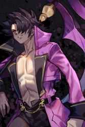 Rule 34 | 1boy, black hair, coat, cowboy shot, evil grin, evil smile, gordeau, grin, hair over one eye, holding, holding sickle, holding weapon, hungry clicker, male focus, no shirt, purple coat, purple eyes, short hair, smile, spiked hair, toned, toned male, under night in-birth, under night in-birth 2 sys:celes, weapon