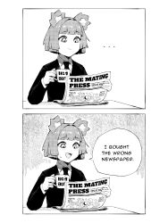 Rule 34 | ..., 1girl, 2koma, absurdres, animal ears, blunt bangs, closed mouth, comic, commentary, cup, english commentary, english text, fang, grey background, greyscale, gris (vertigris), highres, holding, holding cup, holding newspaper, long sleeves, monochrome, mug, newspaper, open mouth, original, reading, short hair, solo, speech bubble, upper body, vertigris, virtual youtuber