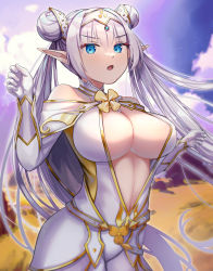 Rule 34 | 1girl, absurdres, arm guards, bare shoulders, belt, blue eyes, blue sky, blush, breasts, britomart (fate), britomart (second ascension) (fate), capelet, center opening, cleavage, double bun, dress, elbow gloves, fate/grand order, fate (series), gloves, gold trim, grey hair, hair bun, hairband, highres, large breasts, long hair, looking at viewer, mtyk ooosjes99, navel, open mouth, pants, pointy ears, sky, solo, tight clothes, tight pants, twintails, very long hair, white capelet, white dress, white gloves, white pants