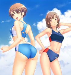 Rule 34 | 2girls, arched back, armpits, asics, ass, bare shoulders, blue buruma, breasts, brown eyes, brown hair, buruma, cloud, contrapposto, cowboy shot, crop top, day, from behind, hair between eyes, hand on own hip, highres, kuri (kurigohan), looking at viewer, looking back, medium breasts, midriff, multiple girls, navel, open mouth, original, outdoors, shiny skin, short hair, sky, smile, sports bikini, standing, stomach, track and field, track uniform