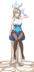 Rule 34 | 1girl, absurdly long hair, absurdres, animal ears, aqua leotard, asuna (blue archive), asuna (bunny) (blue archive), asymmetrical bangs, bar stool, black pantyhose, blue archive, blue bow, blue bowtie, blue eyes, blue leotard, bow, bowtie, breasts, detached collar, fake animal ears, gloves, hair over one eye, hairband, halo, highleg, highleg leotard, highres, large breasts, leotard, light brown hair, long hair, looking at viewer, mole, mole on breast, official alternate costume, pantyhose, playboy bunny, profnote, rabbit ears, sitting, smile, solo, stool, strapless, strapless leotard, thighband pantyhose, traditional bowtie, v, very long hair, white gloves, white hairband