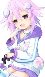 Rule 34 | 1girl, :d, absurdres, bimmy, blush, controller, d-pad, d-pad hair ornament, hair between eyes, hair ornament, hand to own mouth, hands up, highres, holding, holding controller, hood, hooded jacket, jacket, looking at viewer, medium hair, neptune (neptunia), neptune (series), open mouth, purple eyes, purple hair, simple background, sitting, smile, smug, solo, striped clothes, striped thighhighs, thighhighs, white background