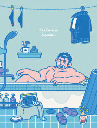 Rule 34 | 1boy, animal print, arm fins, bar soap, bara, bath stool, bathing, bathroom, beard, blue hair, blue male swimwear, blue theme, clothes hanger, commentary, english text, facial hair, fins, fish boy, fish print, highres, jewelry, looking at viewer, male focus, male swimwear, mature male, muscular, muscular male, necklace, nude, open mouth, partially submerged, plant, radio, sandals, shampoo bottle, shell, shell necklace, short hair, shower head, slippers, solo, stool, symbol-only commentary, tile floor, tiles, tokyo houkago summoners, triton (housamo), tsukinowadou, unworn sandals