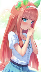 Rule 34 | 1girl, animal ears, blue eyes, blunt bangs, blush, closed mouth, collarbone, diffraction spikes, dress shirt, from side, hairband, highres, hime cut, horse ears, horse girl, horse tail, interlocked fingers, jewelry, long hair, looking at viewer, necklace, orange hair, own hands together, pleated skirt, shirt, shirt tucked in, short sleeves, sidelocks, sideways glance, silence suzuka (umamusume), skirt, solo, tail, uenoryoma, umamusume, white shirt