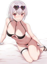 Rule 34 | 1girl, :&gt;, absurdres, azur lane, bare shoulders, bikini, black bikini, blush, breasts, chinese commentary, cleavage, closed mouth, collarbone, commentary request, eyewear on head, hair between eyes, heart, heart-shaped eyewear, highres, kojo (0124), large breasts, looking at viewer, o-ring, o-ring top, on bed, red eyes, sandals, scrunchie, short hair, sirius (azur lane), sirius (scorching-hot seirios) (azur lane), sitting, solo, sunglasses, swimsuit, thigh strap, thighs, white hair, wrist scrunchie, yokozuwari