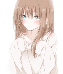 Rule 34 | 1girl, bare shoulders, blue eyes, blush, breasts, brown hair, cleavage, frown, hands in opposite sleeves, hiro (hirohiro31), long hair, off shoulder, original, shirt, simple background, sleeves past wrists, solo, white shirt