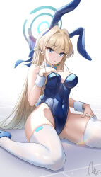 Rule 34 | 1girl, absurdres, animal ears, bare arms, bare shoulders, blonde hair, blue archive, blue bow, blue bowtie, blue eyes, blue footwear, blue hairband, blush, bow, bowtie, breasts, cleavage, commentary, covered navel, dasoin, detached collar, english commentary, fake animal ears, hair ornament, hairband, halo, hand on own chest, highleg, highleg leotard, highres, large breasts, leotard, long hair, looking at viewer, parted lips, playboy bunny, rabbit ears, signature, sitting, solo, thighhighs, thighs, toki (blue archive), toki (bunny) (blue archive), wariza, white background, white thighhighs, wrist cuffs