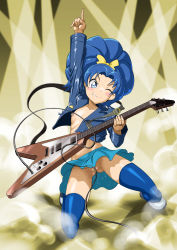 Rule 34 | &gt;:), &gt;;), 10s, 1girl, ;), arm up, blue eyes, blue hair, bow, cable, convenient censoring, cropped jacket, cure gelato, electric guitar, fang, fang out, flat chest, full body, guitar, hair bow, highres, instrument, kirakira precure a la mode, long hair, looking at viewer, matching hair/eyes, miniskirt, nipple piercing, nipples, no panties, one eye closed, on one knee, piercing, pointing, pointing up, precure, shimotsuki juugo, shoes, skirt, smile, smoke, solo, sweat, tategami aoi, thighhighs, v-shaped eyebrows