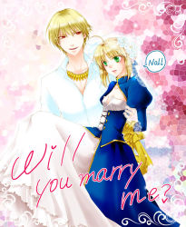 Rule 34 | 1boy, 1girl, ahoge, artoria pendragon (fate), bad id, bad pixiv id, bdsm, blonde hair, blush, bondage, bound, bound wrists, carrying, dress, english text, fate/zero, fate (series), gilgamesh (fate), green eyes, jewelry, long dress, necklace, no, open mouth, red eyes, saber (fate), smile, you84