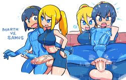 Rule 34 | 1boy, 1girl, abs, anal, anus, bare shoulders, blonde hair, blue bodysuit, blue eyes, blue hair, blush, bodysuit, bracer, breasts, bulge, censored, character name, covered erect nipples, covered navel, crossover, crotchless, curvy, embarrassed, erection, erection under clothes, fire emblem, full-face blush, futa with male, futanari, hand on own hip, handjob, heart, heart censor, highres, large breasts, large penis, large testicles, long hair, male penetrated, marth (fire emblem), metroid, mixed-language commentary, moaning, motion lines, multiple views, musical note, naughty face, nintendo, no panties, open mouth, penis, penis grab, penis size difference, ponytail, rariatto (ganguri), reverse upright straddle, samus aran, sex, sex from behind, short hair, shorts, simple background, sitting, smile, spoken musical note, sports bra, spread legs, standing, straddling, sweat, testicles, tiara, toned, veins, veiny penis, white background, zero suit
