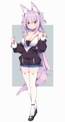 Rule 34 | 1girl, absurdres, animal ear fluff, animal ears, blush, breasts, cleavage, clenched hand, full body, haruyuki (yukichasoba), high heels, highres, jacket, long hair, off shoulder, original, pleated skirt, purple eyes, purple hair, simple background, skirt, solo, standing, tail, thighhighs, two side up, very long hair, white thighhighs