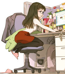 Rule 34 | 1girl, arm support, ass, beige sweater, black pantyhose, blazer, blunt ends, book, brown eyes, brown hair, cable, chair, commentary, computer, computer tower, corded phone, cubicle, cup, desk, disposable cup, drinking straw, english commentary, glasses, hand fan, head rest, highres, indoors, jacket, unworn jacket, leaning forward, long hair, long sleeves, looking ahead, looking away, looking to the side, miniskirt, monitor, mouse (computer), mug, office chair, office lady, office lady taiwan, orange skirt, original, pantyhose, partition, pencil skirt, phone, pink footwear, plant, profile, ribbed sweater, sideways mouth, single slipper, sitting, skirt, slippers, solo, sticky note, stuffed animal, stuffed toy, succulent plant, sweater, sweater tucked in, swivel chair, tennohi, toe scrunch