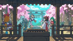 Rule 34 | 4girls, architecture, black dress, blue sky, bow, box, broom, broom riding, cherry blossoms, closed mouth, cloud, commentary, day, detached sleeves, doggo 1d34, donation box, dress, east asian architecture, forest, from behind, green eyes, green hair, hair bow, hakurei reimu, hakurei shrine, highres, horns, ibuki suika, kirisame marisa, komano aunn, looking at another, multiple girls, nature, nontraditional miko, open mouth, orange hair, red bow, red shirt, red skirt, red vest, rope, shide, shimenawa, shirt, short sleeves, shorts, shrine, sitting, skirt, sky, smile, spring (season), standing, statue, stone lantern, torii, touhou, tree, vest, white sleeves, wide shot, witch, yawning