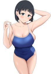 Rule 34 | 1girl, aqua eyes, arm behind head, black hair, blue one-piece swimsuit, bob cut, breasts, cleavage, closed mouth, collarbone, covered navel, hair ornament, hairclip, highres, id1ym, kirigaya suguha, large breasts, lifted by self, looking at viewer, one-piece swimsuit, school swimsuit, short hair, sideboob, smile, solo, strap lift, swimsuit, sword art online, teasing, white background