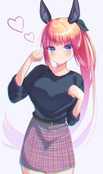 Rule 34 | :3, absurdres, animal ears, arms up, black ribbon, black sweater, blue eyes, blunt bangs, blush, breasts, clenched hands, eyebrows hidden by hair, go-toubun no hanayome, heart, highres, kurosaki coco, large breasts, long hair, looking at viewer, nakano nino, pink hair, pink skirt, ponytail, ribbon, simple background, skirt, solo, sweater
