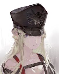 Rule 34 | 1girl, aqua eyes, black hat, braid, breasts, character name, cleavage, collarbone, dripping, expressionless, eyes visible through hair, fp-6 (girls&#039; frontline), girls&#039; frontline, green hair, hair ornament, hairclip, hat, jpeg artifacts, long hair, looking at viewer, military hat, nineo, off shoulder, one eye covered, peaked cap, portrait, rain, solo, suspenders, wet, wet hair