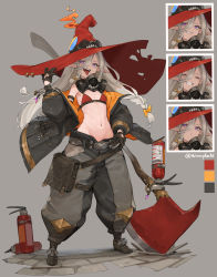 Rule 34 | 1girl, :d, ^ ^, absurdres, axe, belt, bikini, black gloves, braid, closed eyes, coat, earrings, expression chart, fire extinguisher, full body, gas mask, gloves, goggles, goggles on headwear, grey hair, grin, groin, hachimaki, hair between eyes, hand on belt, hat, headband, highres, jewelry, long hair, looking at viewer, lowleg, mask, mask around neck, multicolored coat, n9+, navel, open mouth, original, piercing, pointy ears, purple eyes, red bikini, smile, solo, swimsuit, teeth, tongue, tongue out, tongue piercing, torn clothes, two-tone coat, witch hat