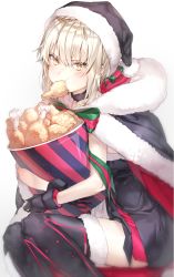 Rule 34 | artoria pendragon (all), artoria pendragon (fate), bad id, bad twitter id, black hat, black thighhighs, blonde hair, bow, bucket, cape, chicken leg, dore (gilles dore), fate/grand order, fate (series), food in mouth, fried chicken, fur-trimmed headwear, fur trim, gloves, hat, highres, ribbon, saber alter, santa alter, santa hat, simple background, sitting, solo, thighhighs, white background, yellow eyes
