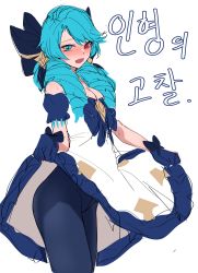 Rule 34 | 1girl, absurdres, ahoge, bare shoulders, black bow, black pantyhose, blue eyes, blue hair, blush, bow, breasts, cleavage, clothes lift, cowboy shot, detached sleeves, dress, dress lift, drill hair, gloves, gwen (league of legends), hair bow, hair over shoulder, heterochromia, highres, hudak, league of legends, lifted by self, long hair, pantyhose, puffy short sleeves, puffy sleeves, red eyes, short sleeves, sketch, small breasts, smile, solo, translation request, twin drills
