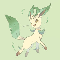 Rule 34 | animal focus, artist name, bright pupils, brown eyes, brown fur, commentary request, creatures (company), game freak, gen 4 pokemon, green background, highres, iwasi 29, leaf, leafeon, nintendo, no humans, open mouth, pokemon, pokemon (creature), simple background, smile, tail, twitter username