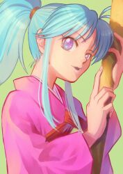 Rule 34 | 1girl, blue hair, botan (yu yu hakusho), japanese clothes, jj (ssspulse), kimono, long hair, looking at viewer, open mouth, ponytail, purple eyes, simple background, solo, yuu yuu hakusho