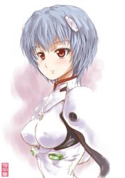 Rule 34 | 1girl, ayanami rei, blue hair, blush, bodysuit, breasts, covered erect nipples, from side, grey background, hair ornament, hairpods, impossible clothes, interface headset, light smile, looking to the side, maira gen, narrow waist, neon genesis evangelion, pilot suit, plugsuit, red eyes, short hair, simple background, sketch, small breasts, smile, solo, turtleneck, upper body, white bodysuit