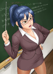 Rule 34 | 1girl, bang-you, blue hair, breasts, brown eyes, chalk, chalkboard, classroom, cleavage, floor, formal, glasses, hand on own hip, highres, holding, jacket, large breasts, looking away, open mouth, original, pantyhose, pencil skirt, pointer, ponytail, red-framed eyewear, school, semi-rimless eyewear, short hair, skirt, skirt suit, solo, suit, teacher, teeth, text focus, thighs, tight clothes, unbuttoned, wall