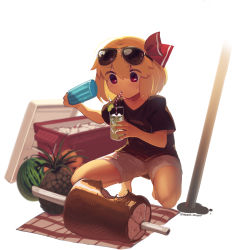 Rule 34 | 1girl, absurdres, alternate costume, black shirt, blonde hair, boa (brianoa), commentary, cup, drinking glass, english commentary, eyewear on head, food, fruit, full body, hair ribbon, highres, holding, holding cup, meat, pineapple, popsicle, red eyes, red ribbon, ribbon, rumia, shirt, short hair, shorts, simple background, solo, sunglasses, touhou, watermelon, white background, white shorts