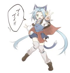 Rule 34 | 1girl, animal ears, blue hair, cape, cat ears, cat tail, cosplay, crescent, crescent hair ornament, full body, green eyes, hair ornament, highres, kakko madoka, long hair, looking at viewer, low twintails, meracle chamlotte, one eye closed, open mouth, pointy ears, red cape, rena lanford, simple background, skirt, smile, solo, star ocean, star ocean the last hope, star ocean the second story, tail, thighhighs, twintails, v, white background