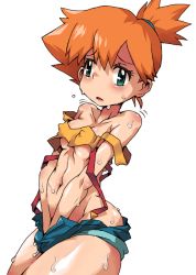 Rule 34 | 1girl, bad id, bad pixiv id, blush, breasts, cleavage, covered erect nipples, creatures (company), female masturbation, game freak, green eyes, hand in pants, hand under clothes, hand under shorts, hun (uyonis), masturbation, midriff, misty (pokemon), nintendo, no panties, orange hair, pokemon, ponytail, shorts, simple background, small breasts, solo, suspenders, sweat, underboob, white background