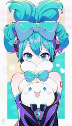 Rule 34 | 1girl, :3, :d, absurdres, aqua bow, aqua eyes, aqua hair, aqua necktie, bare shoulders, black sleeves, blush stickers, body writing, bow, cinnamiku, cinnamoroll, commentary, covered mouth, crossover, detached sleeves, frilled shirt, frills, grey shirt, hair bow, hair ornament, hatsune miku, headset, heart, highres, hug, looking at another, looking at viewer, looking up, matching outfits, necktie, open mouth, sanrio, shachi mr, shirt, signature, smile, tied ears, updo, upper body, vocaloid
