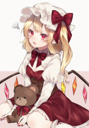 Rule 34 | 1girl, blonde hair, blush, bow, breasts, cleavage, dress, fang, flandre scarlet, frilled dress, frilled socks, frills, hair bow, hat, hat ribbon, highres, kneehighs, lipgloss, long hair, long sleeves, looking at viewer, mob cap, nail polish, one side up, open mouth, pout, puffy sleeves, red eyes, red nails, ribbon, sitting, skin fang, socks, solo, stuffed animal, stuffed toy, teddy bear, touhou, two-tone background, wariza, white hat, wings, youtan