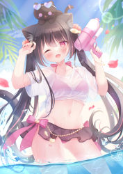 Rule 34 | 1girl, ;d, animal, animal ears, animal on head, bell, bikini, bikini skirt, black hair, blue sky, blurry, breasts, cat, cat ears, cat girl, cat hair ornament, cat tail, cleavage, cloud, cloudy sky, collarbone, commentary request, depth of field, eyes visible through hair, groin, hair between eyes, hair ornament, highres, holding, holding water gun, in water, long hair, looking at viewer, midriff, navel, omochi monaka, on head, one eye closed, open mouth, original, red bikini, red eyes, see-through, shirt, short sleeves, sidelocks, signature, sky, smile, swimsuit, tail, twintails, virtual youtuber, wading, water gun, white shirt