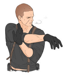 Rule 34 | 1boy, ashley swidowski, black gloves, black shirt, brown hair, gloves, jake muller, mature male, muscular, muscular male, resident evil, resident evil 6, scar, scar on face, shirt, short hair, sleeves rolled up, solo, stretching, sweat, white background