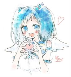 Rule 34 | 1girl, :d, aiba uiha, bare shoulders, blue bow, blue eyes, blue hair, blush, bow, braid, braided bangs, detached sleeves, dress, hair bow, hands up, heart, heart hands, highres, nijisanji, open mouth, puffy short sleeves, puffy sleeves, round teeth, see-through, see-through sleeves, short sleeves, signature, simple background, sleeveless, sleeveless dress, smile, sofra, solo, teeth, twintails, upper teeth only, virtual youtuber, white background, white dress, white wings, wings