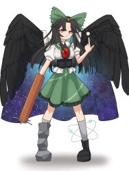 Rule 34 | 1girl, absurdres, arm cannon, asakura haru, asymmetrical footwear, atom, bird wings, black corset, black footwear, black hair, black wings, boots, bow, breasts, brown eyes, cape, center frills, closed mouth, collared shirt, commentary request, control rod, corset, expressionless, feathered wings, frilled shirt collar, frilled skirt, frills, full body, green bow, green skirt, grey socks, hair bow, highres, index finger raised, long hair, looking at viewer, medium bangs, medium breasts, mismatched footwear, parted bangs, print cape, puffy short sleeves, puffy sleeves, reiuji utsuho, shirt, shoes, short sleeves, sidelocks, simple background, single shoe, skirt, socks, solo, standing, starry sky print, third eye, touhou, two-sided cape, two-sided fabric, underbust, weapon, white background, white cape, white shirt, wings
