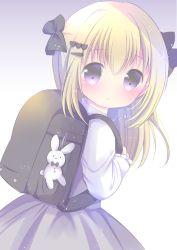 Rule 34 | 1girl, backpack, bad id, bad pixiv id, bag, bag charm, black bow, black skirt, blonde hair, blush, bow, charm (object), closed mouth, commentary request, frilled sleeves, frills, gradient background, grey background, hair between eyes, hair bow, hair ornament, hairclip, heart, heart hair ornament, holding, long hair, long sleeves, looking at viewer, looking to the side, original, purple eyes, randoseru, rin (fuwarin), shirt, simple background, skirt, sleeves past wrists, solo, stuffed animal, stuffed rabbit, stuffed toy, white background, white shirt