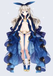 Rule 34 | 1girl, absurdres, bare legs, blonde hair, blue bow, blue dress, blue eyes, blue gloves, blue legwear, blush, bow, closed mouth, dress, flat chest, flats, full body, gloves, grey background, hair bow, highres, jimmy madomagi, long hair, looking at viewer, navel, original, platinum blonde hair, revealing clothes, sidelocks, simple background, solo, standing, starry sky print, thick eyebrows, thighs, wavy hair