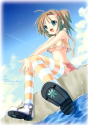 Rule 34 | 1girl, absurdres, breasts, brown hair, cloud, day, foreshortening, green eyes, hair ornament, hairclip, happy, highres, legs, midriff, no bra, open mouth, original, ribbon, rusty soul, shoes, short hair, sitting, skirt, sky, socks, solo, striped clothes, striped socks, striped thighhighs, thighhighs, underboob, water