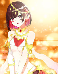 Rule 34 | 1girl, absurdres, bare shoulders, blurry, bokeh, bracelet, breasts, brooch, brown hair, collar, collarbone, depth of field, facial mark, gem, hair ornament, highres, ichiki 1, jewelry, looking at viewer, medium breasts, midriff, multicolored hair, navel, original, red eyes, red gemstone, red hair, revealing clothes, short hair, sidelocks, solo, stomach, two-tone hair, underboob, upper body, v arms