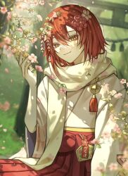 Rule 34 | 1boy, bishounen, branch, cherry blossoms, closed mouth, commentary request, eyelashes, falling petals, flower, hair between eyes, hair flower, hair ornament, hanasaki miyabi, holding, holding branch, holostars, japanese clothes, long sleeves, looking at viewer, male focus, outdoors, petals, red hair, scarf, short hair, smile, solo, tassel, torii, upper body, virtual youtuber, white scarf, yellow eyes, yu yu (yuyuuuu99550771)