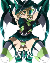 Rule 34 | 1girl, akatsuki kirika, armpits, arms up, ass, blonde hair, breasts, cameltoe, cleft of venus, covered erect nipples, full body, gluteal fold, green eyes, green leotard, highres, impossible clothes, impossible leotard, j.h., kneeling, leotard, looking at viewer, medium breasts, scythe, senki zesshou symphogear, shiny clothes, shiny skin, short hair, simple background, skin tight, skirt, smile, solo, spread legs, striped clothes, striped thighhighs, thighhighs, thighs, white background