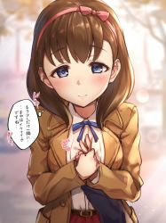 Rule 34 | 10s, 1girl, bad id, bad twitter id, belt, belt buckle, blazer, blue eyes, blue ribbon, blurry, blurry background, blush, bow, breasts, brown hair, buckle, collared shirt, eyebrows, eyelashes, hair bow, hairband, hand on another&#039;s chest, hands on own chest, heart, heart-shaped pupils, highres, holding hands, idolmaster, idolmaster cinderella girls, jacket, long hair, long sleeves, looking at viewer, medium breasts, neck ribbon, pink bow, ribbon, sakuma mayu, school uniform, shirt, smile, solo focus, symbol-shaped pupils, takeashiro, translated, white shirt