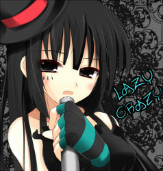 Rule 34 | 00s, 1girl, akiyama mio, bad id, bad pixiv id, black hair, blunt bangs, don&#039;t say &quot;lazy&quot;, dress, facepaint, fingerless gloves, gloves, hat, hime cut, k-on!, long hair, microphone, microphone stand, mini hat, mini top hat, shikano sumiaki, solo, striped clothes, striped gloves, top hat