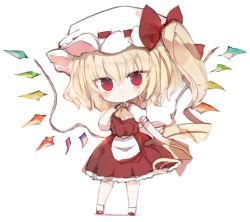 Rule 34 | 1girl, :o, ascot, blonde hair, bow, brown ascot, chibi, commentary request, crystal, flandre scarlet, full body, hair between eyes, hat, hat bow, kotatu (akaki01aoki00), long hair, looking at viewer, mob cap, one side up, parted lips, pleated skirt, puffy short sleeves, puffy sleeves, red bow, red eyes, red skirt, red vest, ringlets, shadow, shirt, short sleeves, skirt, solo, standing, touhou, very long hair, vest, white background, white hat, white shirt, wings