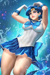 Rule 34 | 1girl, armpits, arms up, back bow, bishoujo senshi sailor moon, blue bow, blue eyes, blue hair, blue sky, bow, breasts, cowboy shot, diadem, earrings, gloves, jewelry, large breasts, linea alba, neoartcore, parted bangs, parted lips, sailor mercury, short hair, sky, sleeveless, solo, splashing, white gloves
