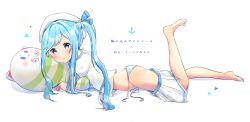 Rule 34 | 1girl, :3, anchor symbol, barefoot, beret, blue eyes, blue hair, blush, braid, clothes pull, cona kinaco, from side, full body, hat, highres, leg up, long hair, looking at viewer, lying, noah (sound voltex), on stomach, open mouth, panties, pleated skirt, puffy short sleeves, puffy sleeves, sailor collar, shirt, short sleeves, side-tie panties, side ponytail, sidelocks, silhouette, skirt, skirt pull, sound voltex, sound voltex ii infinite infection, striped clothes, striped panties, stuffed animal, stuffed cat, stuffed toy, translation request, underwear, untied panties, very long hair, white background, white hat, white shirt, white skirt
